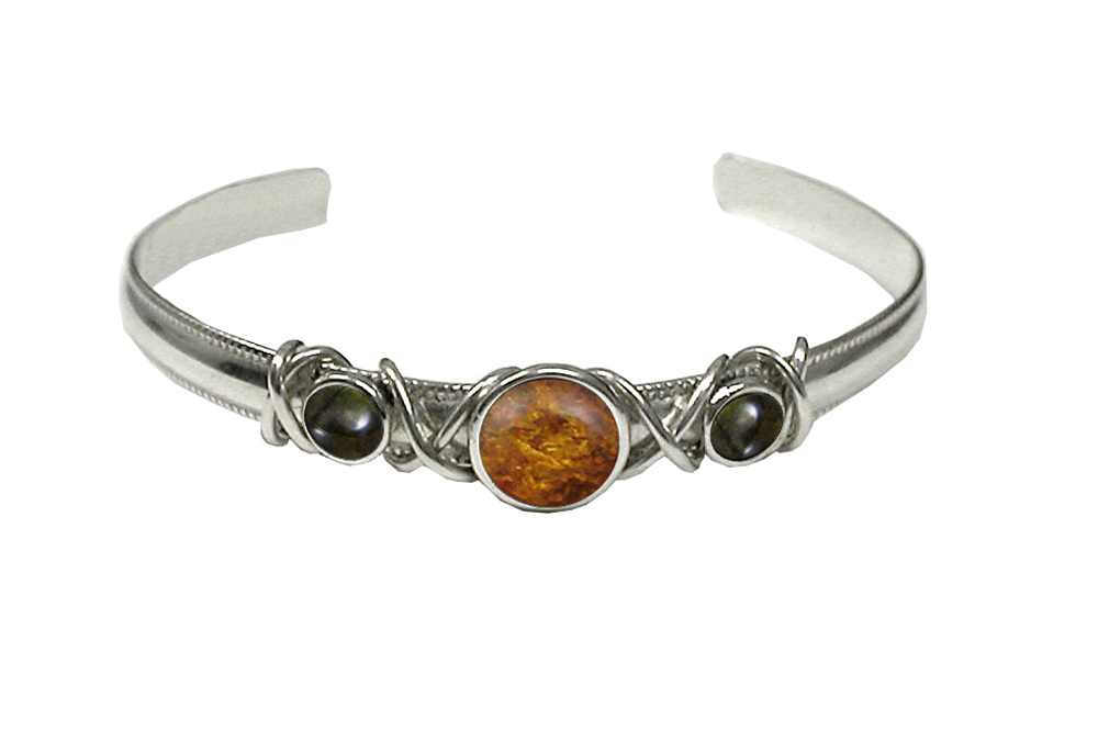 Sterling Silver Hand Made Cuff Bracelet With Amber And Spectrolite